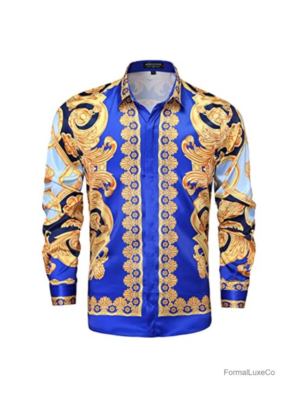 Mens Long Sleeve Button-Down Dress Shirt Luxury Floral Print Satin Party